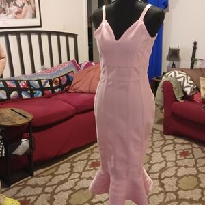 Blush Pink V-Neck Midi Dress with Flared Hem Bodycon Medium